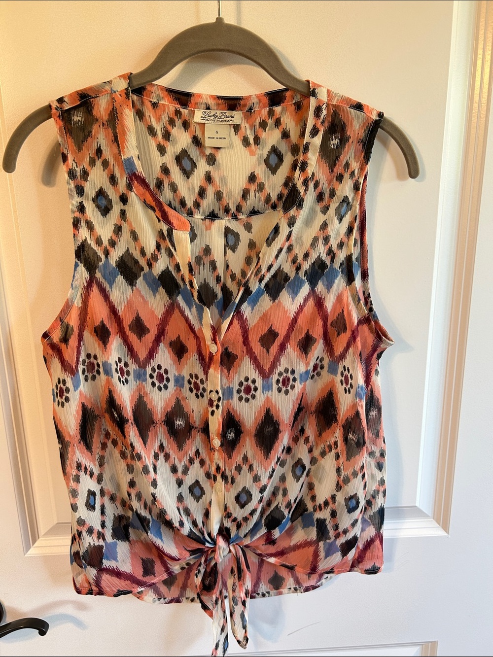 Lucky Brand Sleeveless Tie-Front Printed Blouse - Coral Multi